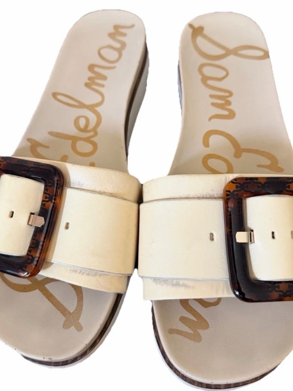 Sam Edelman Cream Slide Sandals with Tortoiseshell Buckles - Picture 3 of 5